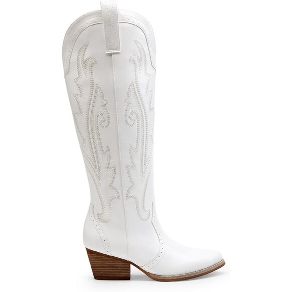 DREAM PAIRS Womens White Cowboy Boots Wide Calf Knee High Ladies - Picture 2 of 9